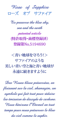 Rose of Sapphire�@���[�Y�@�I�u�@�T�t�@�C�A�@To preserve the blue sky, sea and the earth�@patented article�@(�����擾�E���W�o�^�ρj�o�^��@No,5194690�@�����n������낤�I���@�T�t�@�C�A�̂悤�Ȕ���������ƊC�Ɛ��n�����i���ɑ����܂��悤�Ɂ@Des Roses bleue preservees, en floissant sur la ciel, shamayim, un symbole qui fait tout pour reduire les emission de dioxyde de carbone. Nous benirons l'Eternel en tout temps pour nous preserver le blue du ciel comme le saphir.